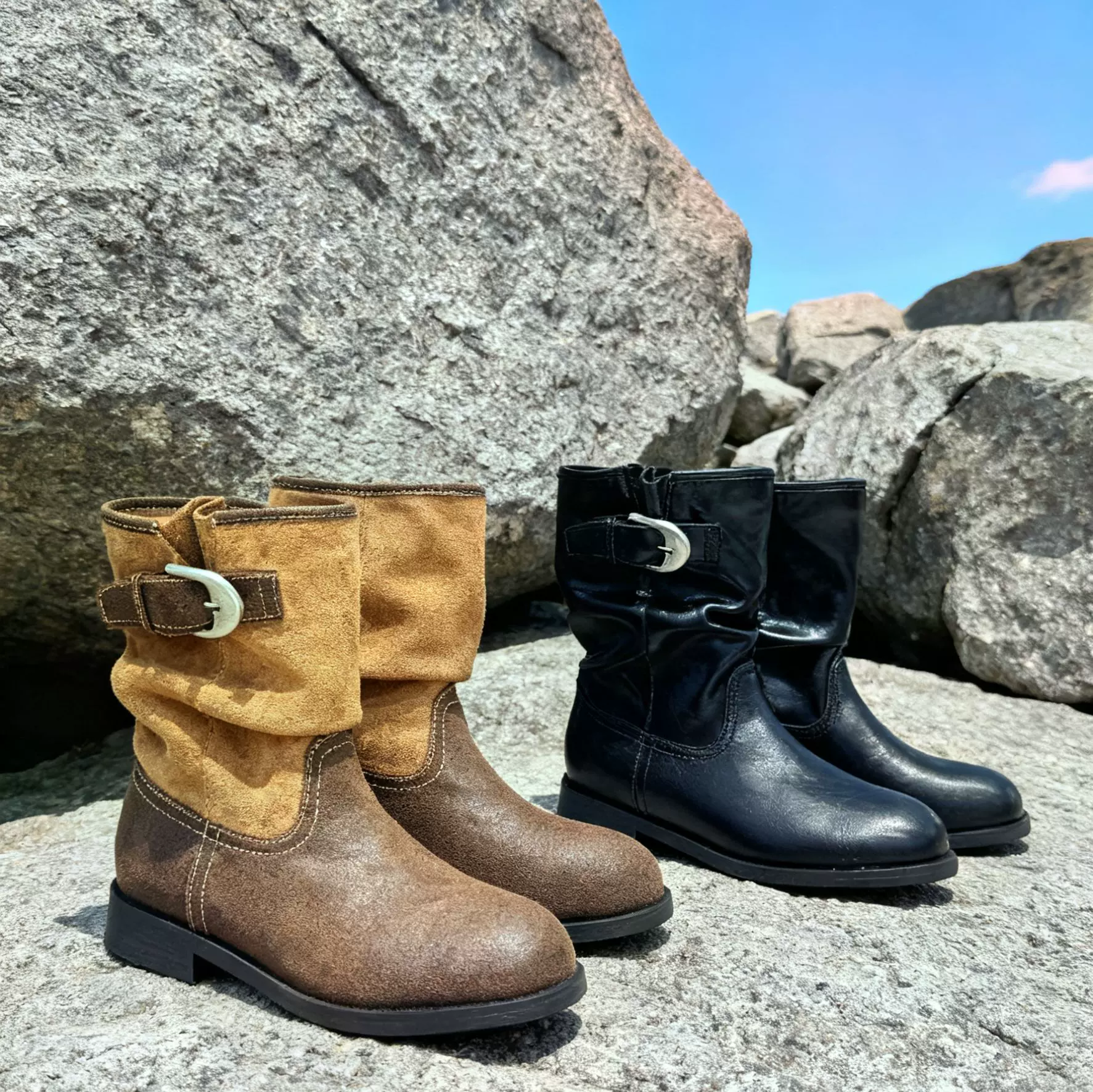 复古金属搭扣堆堆靴女2025年秋冬新款中筒骑士靴拼接褶皱西部靴子