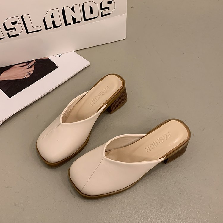 Fashionable solid color women's slippers heels square toe