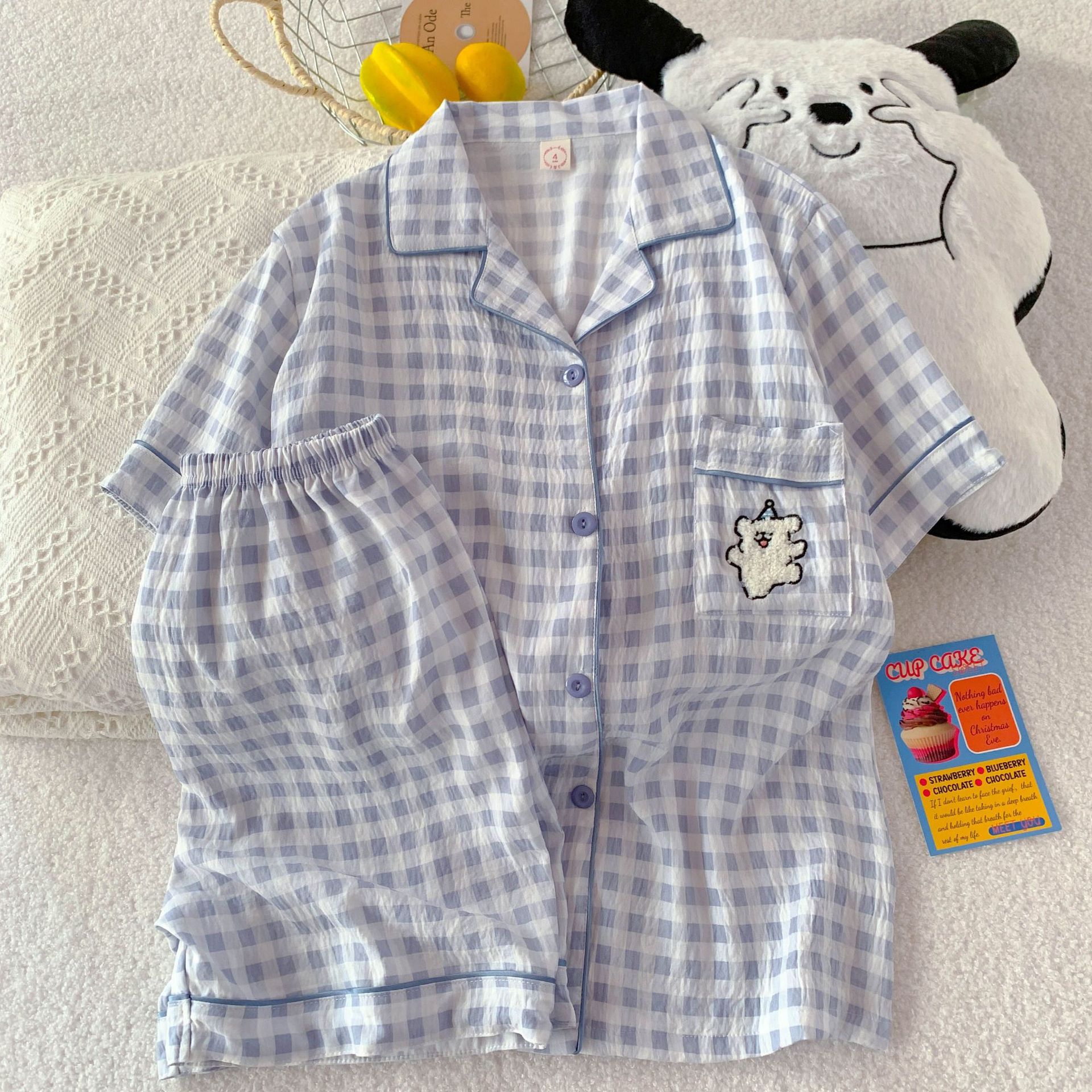 Nube de algodón pijama de mujer dibujos animados bordados pantalones cortos de mangas cortas de dos piezas de verano nuevo se puede usar ropa de hogar suelta