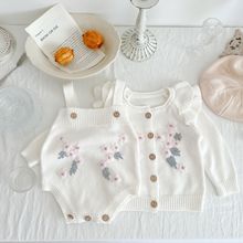2022嬰幼童3-6-9月寶寶套裝花朵外套 背帶哈衣爬服兩件套單拍