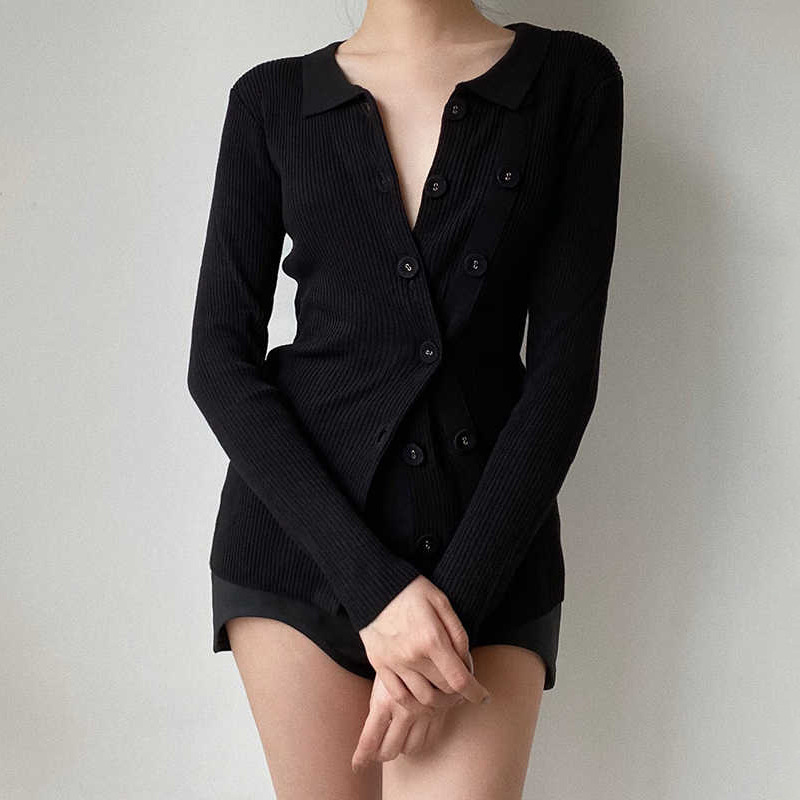 한국식 디자인 스웨터 2024 봄 신상 불규칙 더블 브레스트 라펠 솔리드 컬러 슬림 가디건 스웨터