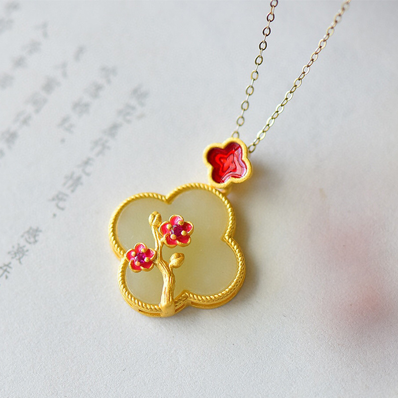 Pendientes de trébol de cuatro hojas estilo antiguo con ropa Han esmalte pintado clásico imitación natural Hetian Jade pendientes collar pulsera anillo