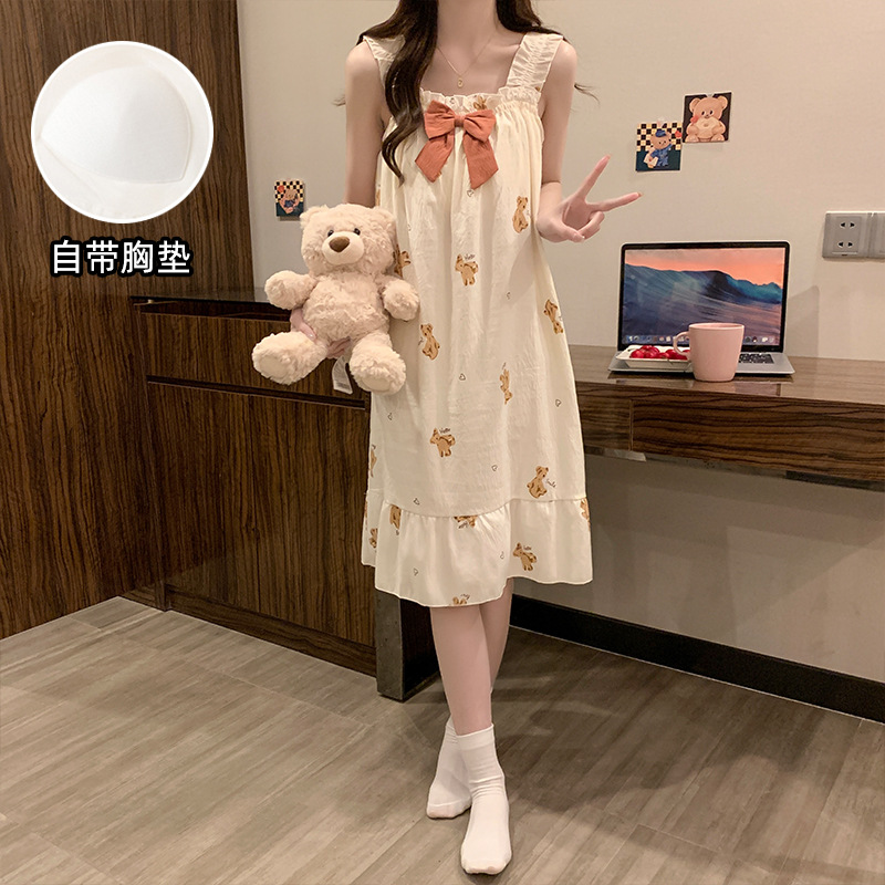 2025 pijamas de verano de niñas sin mangas de encaje dulce vestido de pijama nubes de algodón cinturón cojín de pecho flor triturada dulce ropa de viento para el hogar