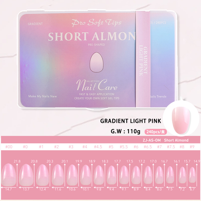Armadura de almendra corta degradada 240 piezas de manicura en caja, alta permeabilidad, alta elasticidad, sin amarilleamiento, uñas postizas de alta gama