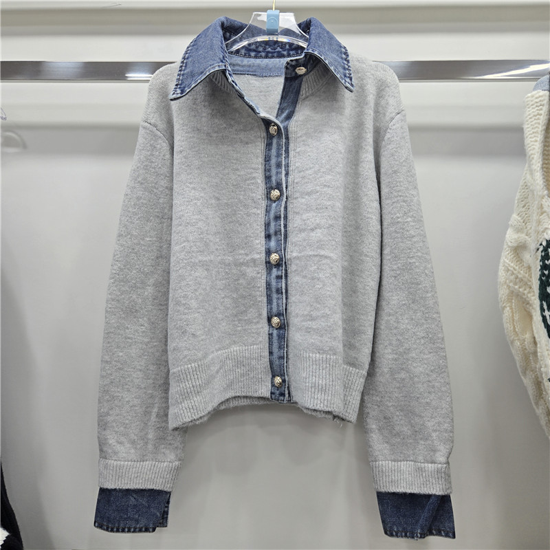 Suéter europeo abrigo de peso pesado femenino 2025 nuevo estilo coreano de principios de otoño falso de dos piezas de alta calidad camiseta de punto denim image 4