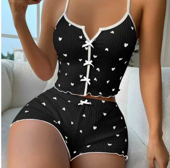 新款跨境亚马逊速卖通新品心形印花撞色居家服蝴蝶结吊带睡衣套装|undefined