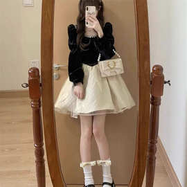 法式黑色长袖连衣裙女秋冬小个子感富家千金公主蓬蓬礼服短裙
