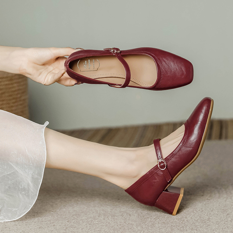 Genuine Leather French-Style Mary Jane Women's Shoes 2025 New Spring and Autumn Thick-Heeled Shallow-Mouthed Single Shoes to Match with Skirts, Wine Red Low-Heeled Shoes
