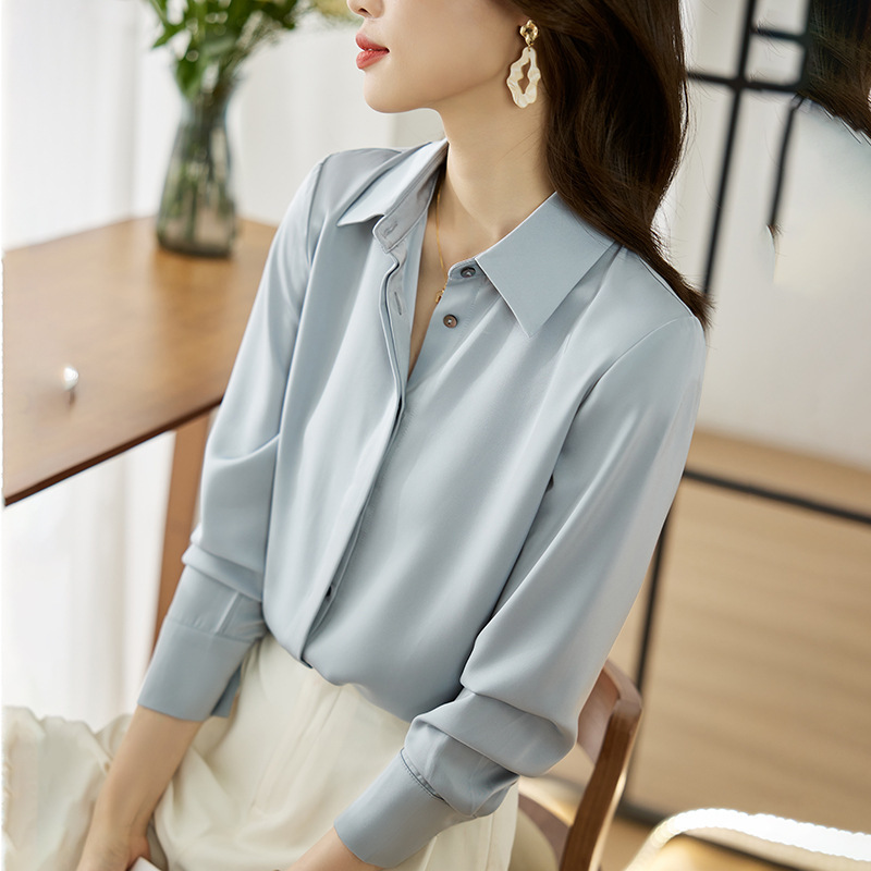Carefully Selected Gray Blue Satin Shirt Women's Long-Sleeved Spring Versatile Dark Placket Retro Hong Kong Style Draped Work Clothing Light Mature Shirt
