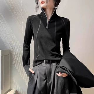 半拉链立领卫衣长袖打底衫女秋冬修身显瘦内搭撞色德绒运动风上衣