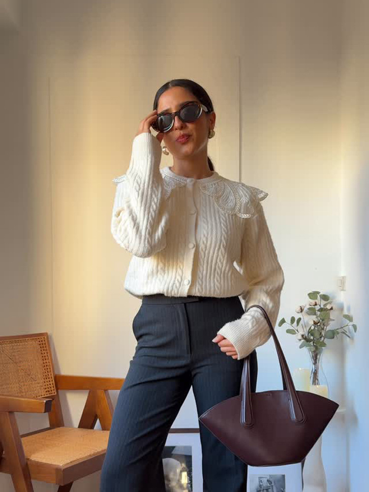 Collar de encaje de color sólido cosido cardigan de punto temperamento elegante 2026 otoño y invierno nuevo estilo transfronterizo europeo y americano