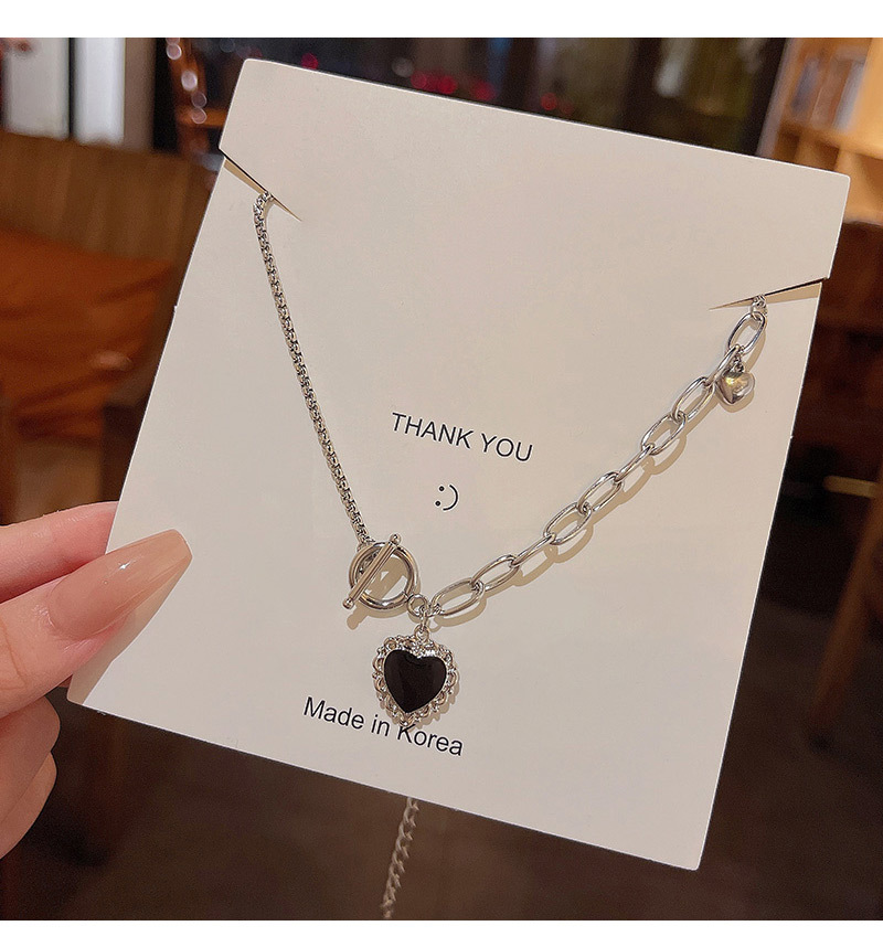 Fashion Heart Shape Titanium Steel Enamel Rhinestones Pendant Necklace