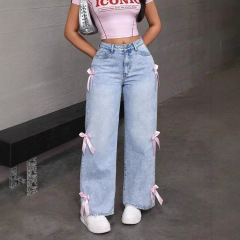 SC跨境亚马逊y2k街头辣妹蝴蝶结水洗牛仔裤宽松直筒阔腿长裤JEANS