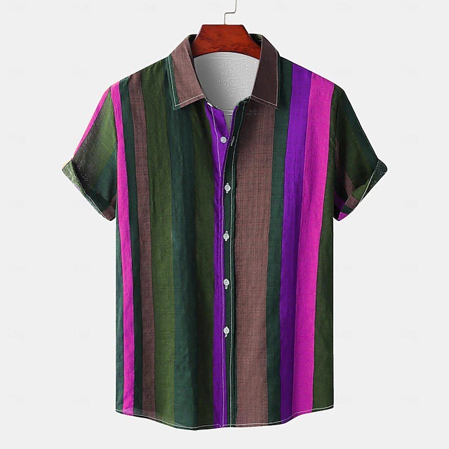 Camisa de manga corta con botones de hombro suelto ancho de moda para hombre con estampado digital 3D a rayas geométricas callejeras personalizadas