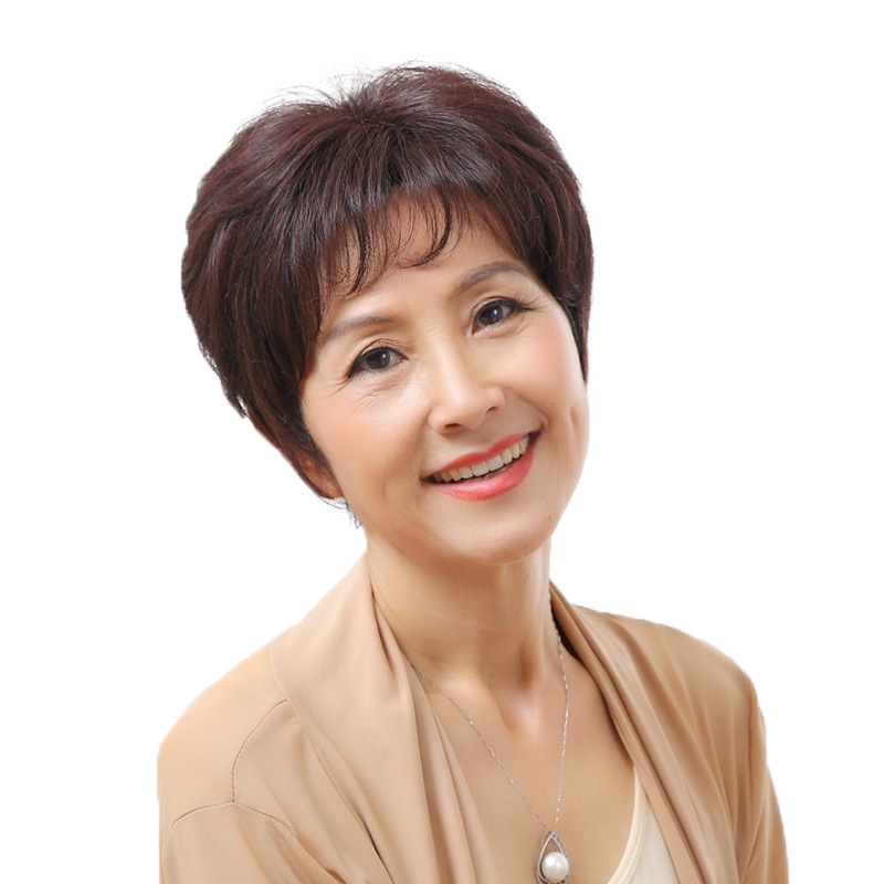 Mechanism female short hair real hair headgear manufacturers wholesale natural fashion wine red old lady wig full headgear texture
