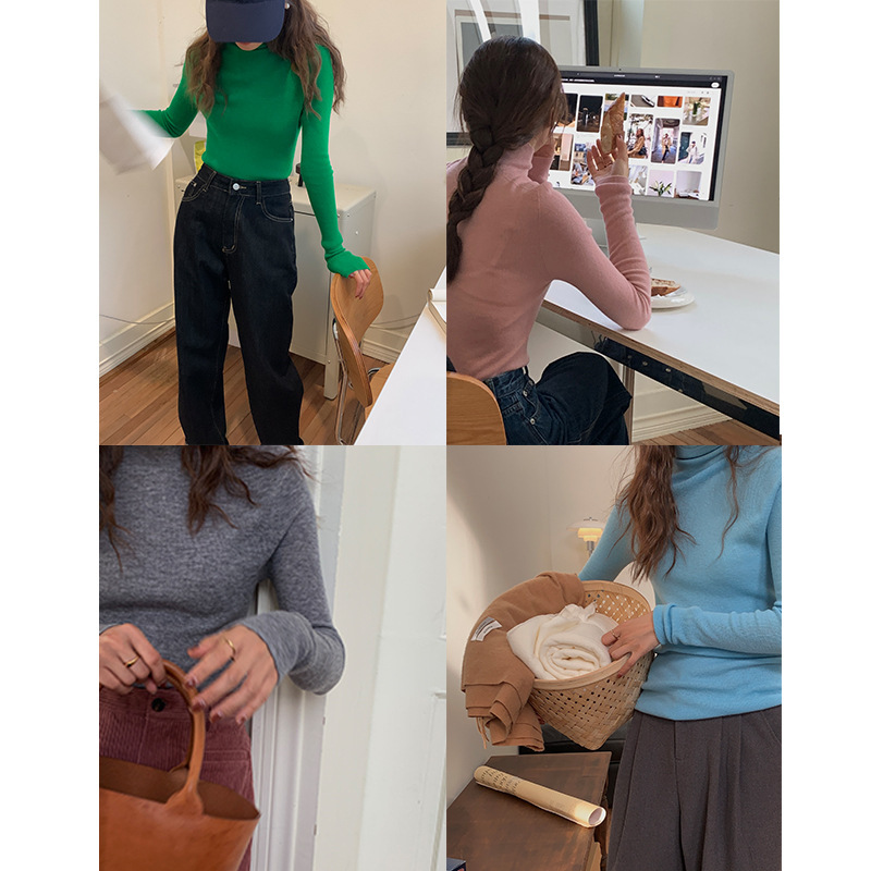 A1088 light blue Unpressed Merino Pure Wool Knitted Base Shirt Turtleneck Seamless One-piece Inner Sweater