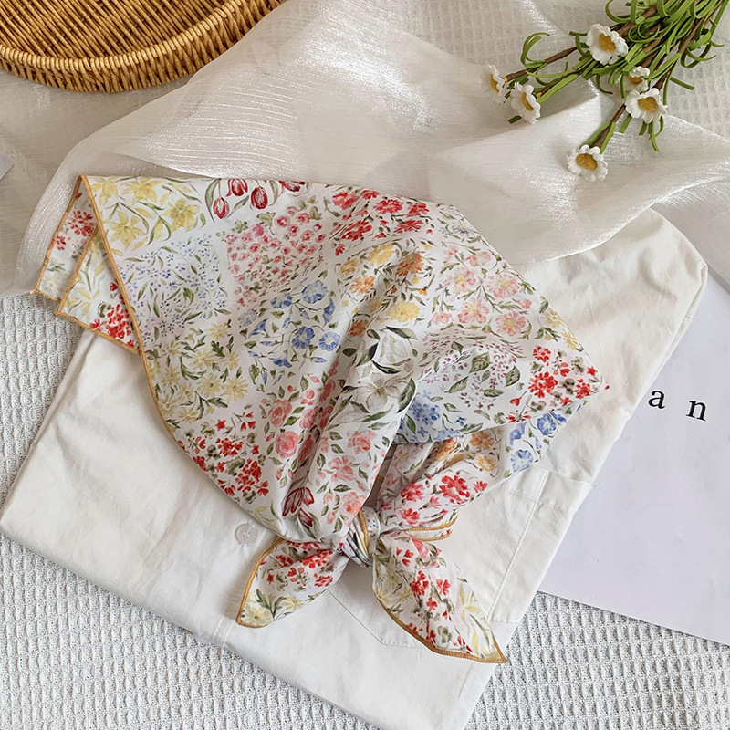 Bufanda de seda, bufanda cuadrada pequeña, nueva bufanda de seda literaria fresca, bufanda, bolso floral dulce, pañuelo en la cabeza, cinta para el cabello, serpentinas para el cabello