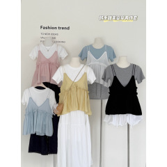 セナ韓系2点セットvネック網糸外掛け重ね着ストラップベスト半袖tシャツニットシャツ2025春夏