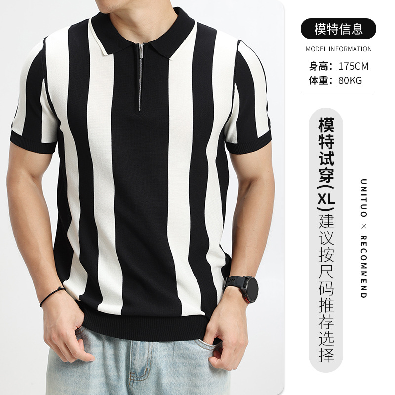 Camisas de polo de hielo de estilo antiguo, cuello de paleta de hombre, rayas de manga corta, Europa y Estados Unidos, retro transfronterizos, camisas de hombre de alta calidad