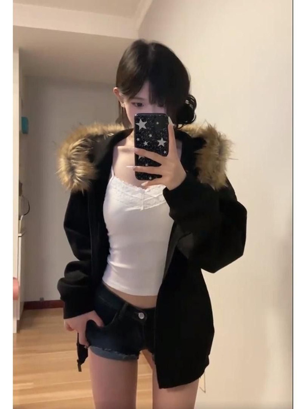 アメリカのレトロなファッションブランドの毛の襟のファスナーのカーディガンと帽子のパーカーの女性の秋冬のカップルの高級感のカジュアルなコートのファッション|undefined