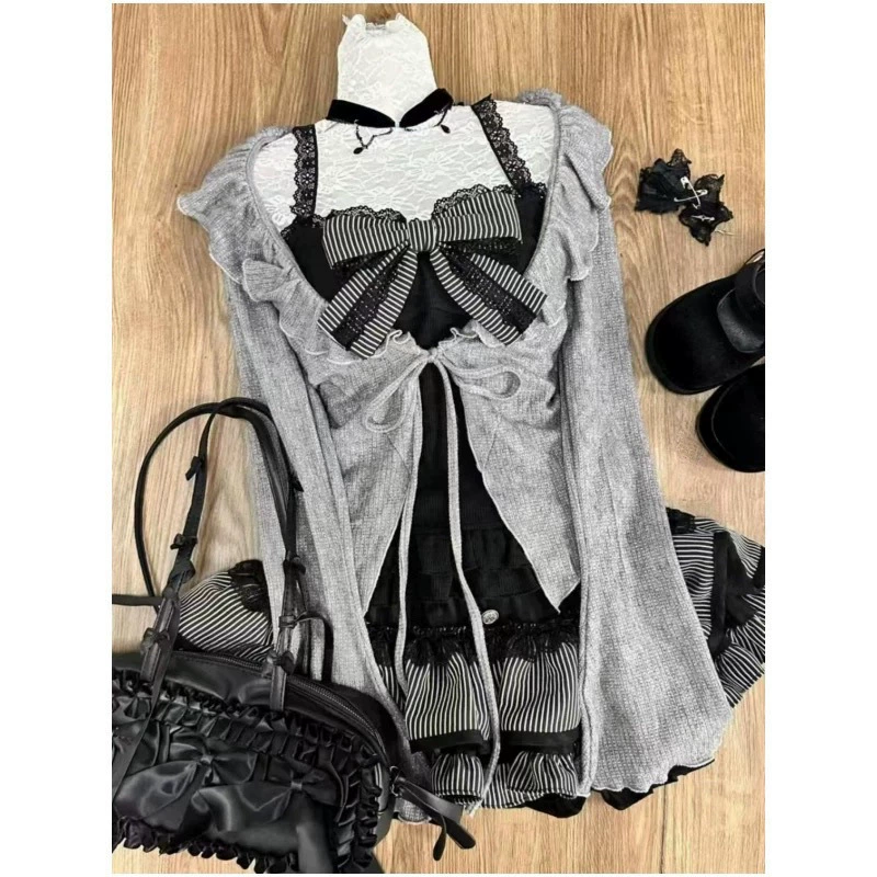 Банду lace cardigan & puff skirt 3-piece set (NUNBAI) — Black, lifting shaping, sizes S–XL