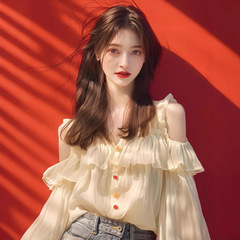 秋季新款衬衫女外贸跨境小众别致高级感韩系减龄杏色挖肩上衣显瘦