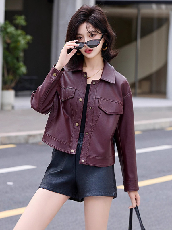 跨境海宁皮衣女式短款韩版时尚复古减龄绵羊皮夹克休闲外套潮批发|undefined