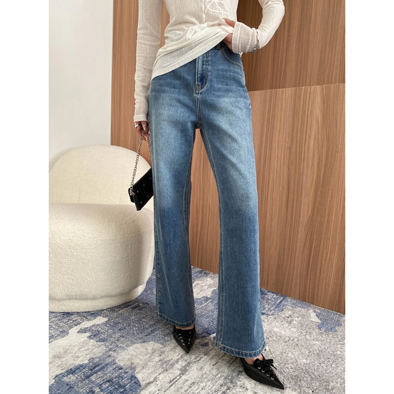 Sinan Early Autumn New Style Good Texture Washed Blue High Waist Slim Narrow Straight Wide Leg Jeans Sn7099