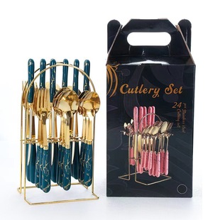 Cross-Border Southeast Asia Stainless Steel Tableware 24-Piece Set Nordic Dark Green Western Steak Knife Storage Rack Gift Box Wholesale