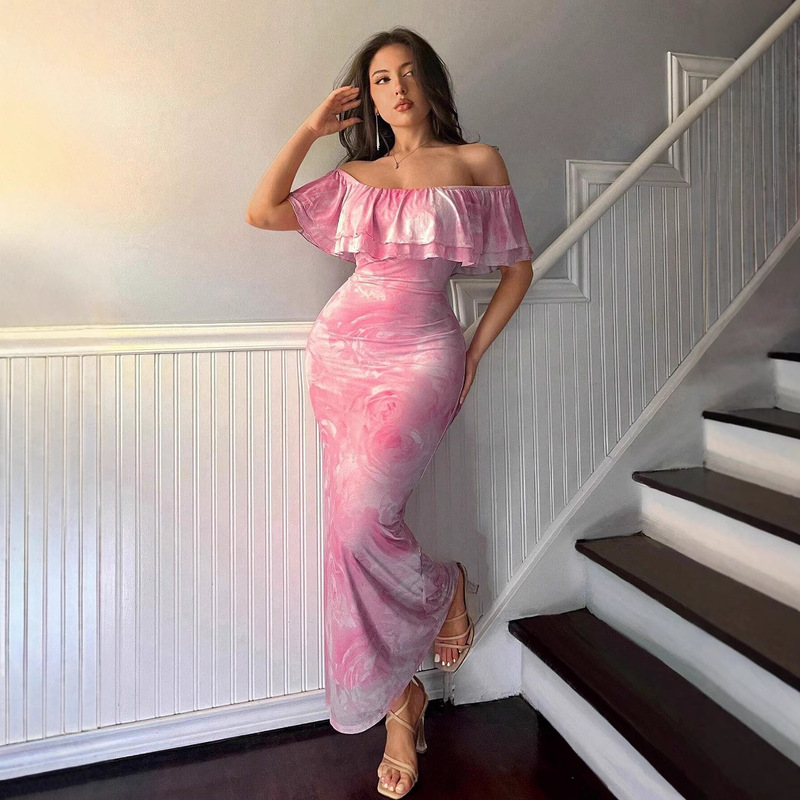 Cross-Border New European and American Amazon Aliexpress Floral Ruffled Sexy Tight Tube Top Dress Long Skirt Fishtail Skirt for Women