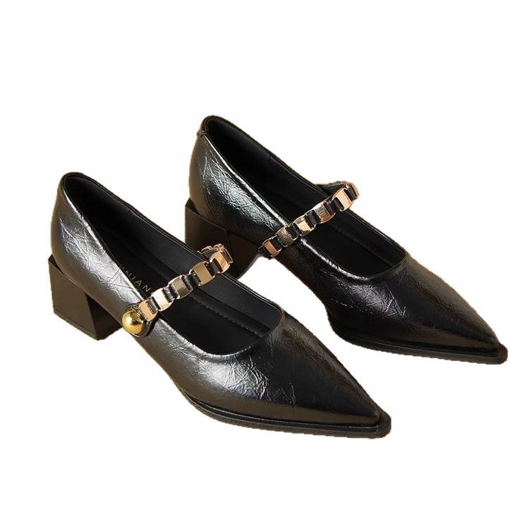 Temperamento de moda, zapatos de cuero de tacones gruesos y puntiagudos para mujeres, primavera de 2026 nuevos zapatos de tacones altos, zapatos de estilo francés Marianne