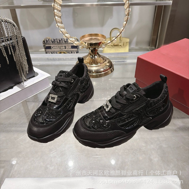 High-end rhinestone square buckle dad sneakers, women's casual sports shoes, new autumn and winter mesh patchwork height-increasing thick-soled women's shoes High-end rhinestone square buckle dad sneakers, women's casual sports shoes, new autumn and winter mesh patchwork height-increasing thick-soled women's shoes