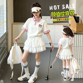女童夏装polo衫可爱小狗刺绣短袖t恤女童学院风假两件格子上衣潮