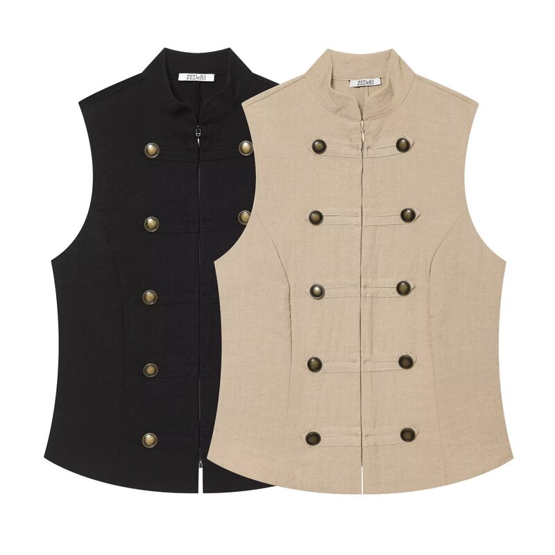 Summer New Women's Fashion European and American Cross-Border Two-Color Stylish Versatile Sleeveless Double-Breasted Shirt Summer New Women's Fashion European and American Cross-Border Two-Color Stylish Versatile Sleeveless Double-Breasted Shirt