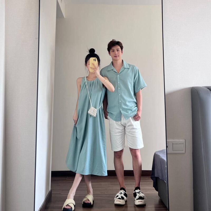 Same Color Couple Dress Summer Seaside Holiday Style Shirt Hanging Neck Sleeveless Vest Dress One Dress One Skirt Fashion