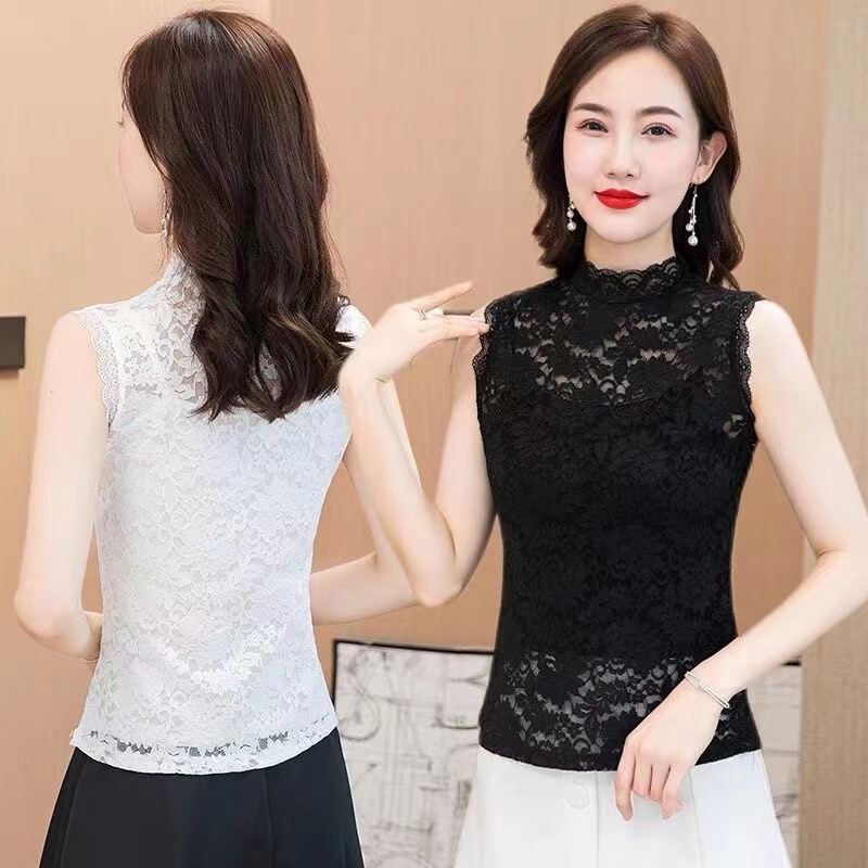 Spring and Autumn New Lace Base Vest Women's Inner Slim-Fit Slimming Half-High Collar Lace Fake Collar Sleeveless Base Shirt