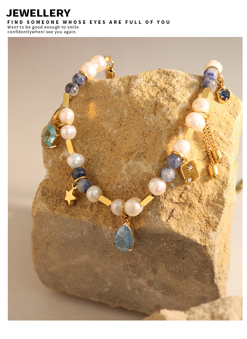 Retro Square Water Droplets natural stone Pearl Titanium Steel Inlay Glass Stone Necklace 1 Piece