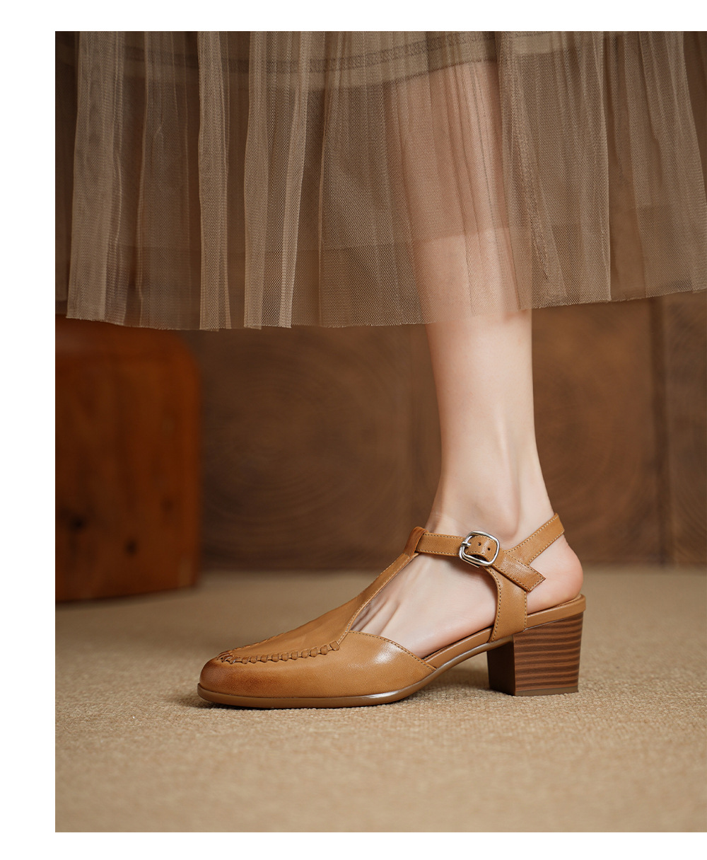 Sandal nữ mũi nhọn quai chữ T da bò gót 5 cm phong cách vintage — Màu hồng chi tiết 11