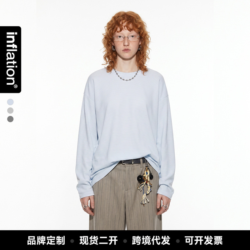 Jiezhan Men's Clothing | Loose-fitting fine striped round-neck long-sleeve 26 autumn new unisex casual drapey relaxed T-shirt cover-up Jiezhan Men's Clothing | Loose-fitting fine striped round-neck long-sleeve 26 autumn new unisex casual drapey relaxed T-shirt cover-up