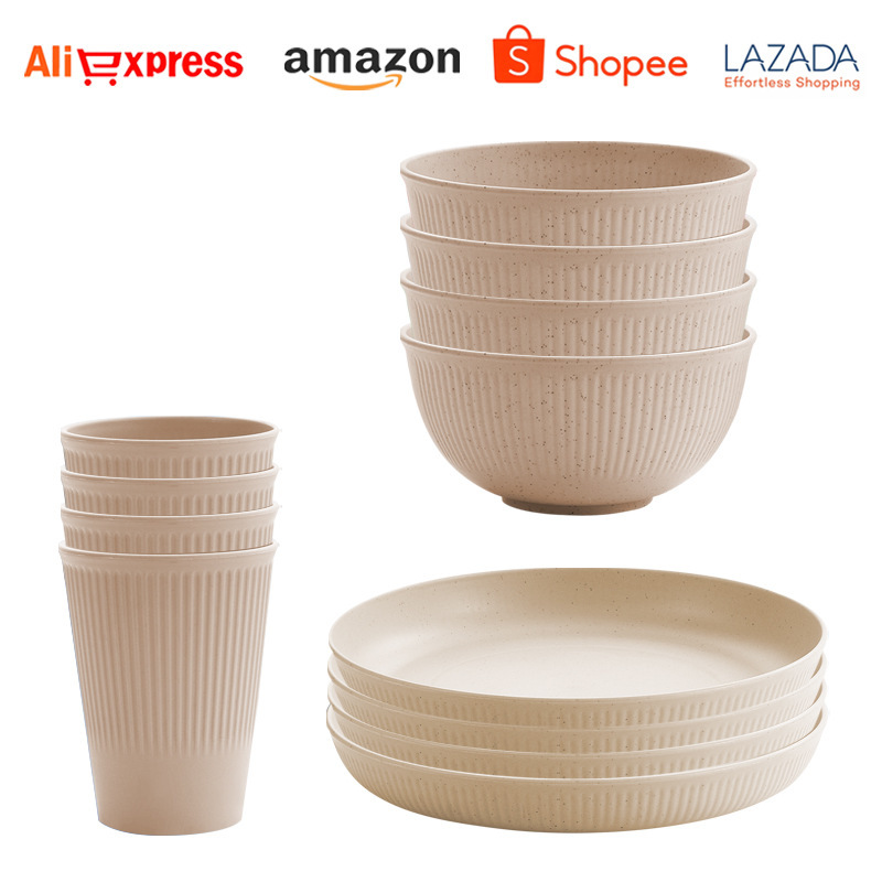 Amazon Cross-border Temu Hot Wheat Straw Bowl Cup 24-piece Set Household Vertical Grain Cup Bowl suit