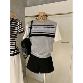 施奈WGWE8526新款学院风假两件条纹拼接针织衫圆领宽松短袖上衣女