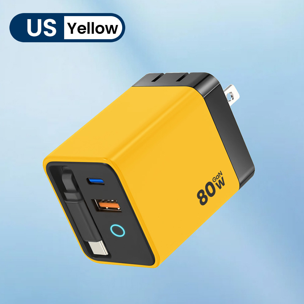 Cargador de nitruro de gallio de 80W PD cabezal de carga rápida para Apple Huawei Xiaomi con lámpara cargador de cable telescópico plegable