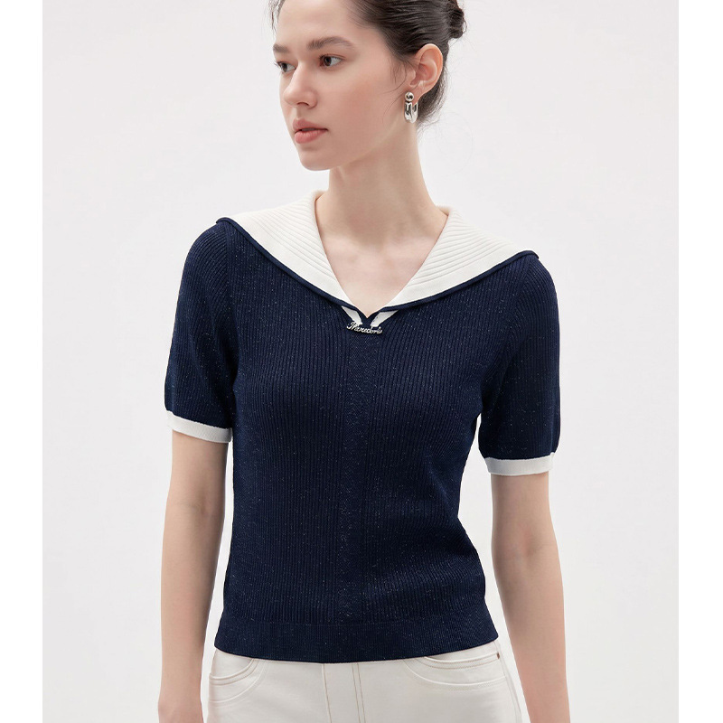 Navy Blue Shiny Ribbed Knit Short-Sleeve Shirt with Contrasting Navy Collar, Metal Logo, Slim Fit, Youthful Chanel-Style Top