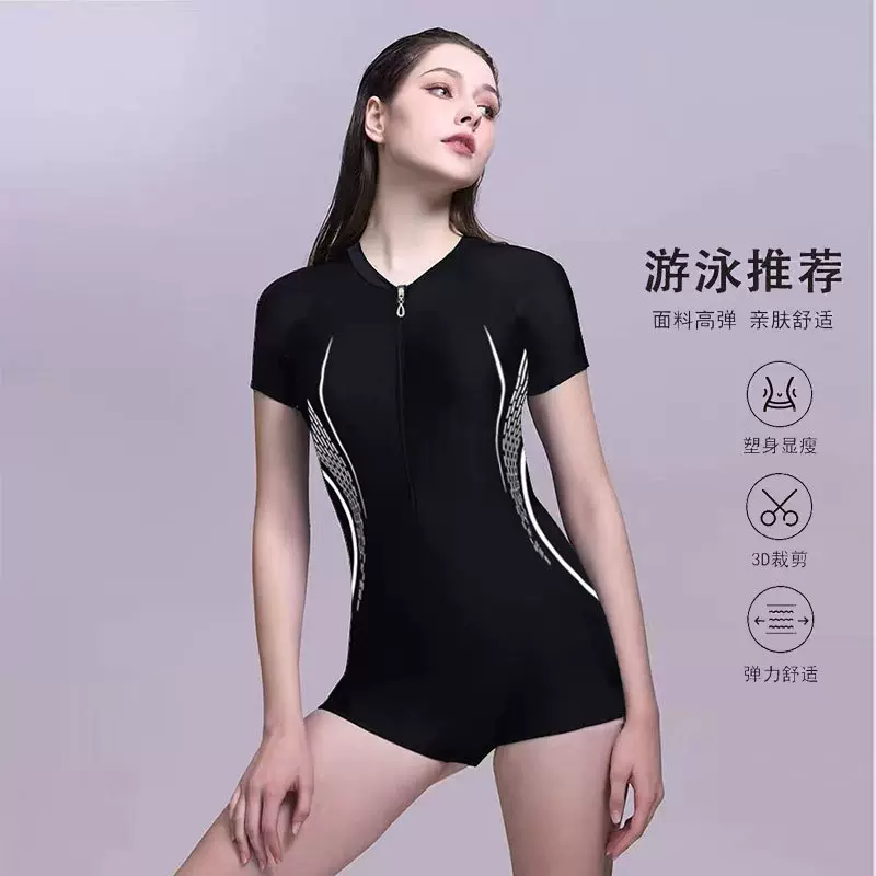 游泳衣女专业运动新款连体平角舒适保守遮肚显瘦大码拉链温泉泳装