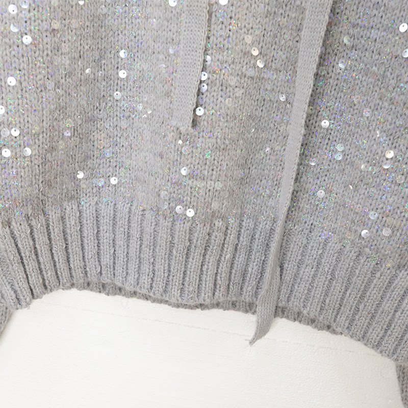 Women's Clothing light luxury sequined hooded sweater autumn and winter high end temperament versatile warm long sleeved knitted sweater women's trend_voghion.com