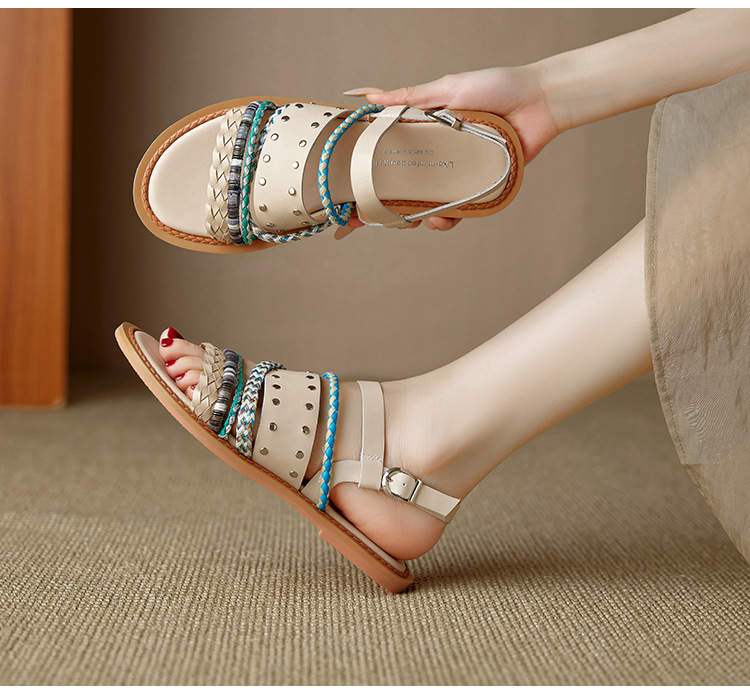 Dép sandal nữ quai ngang đế bằng da bò dệt phối màu, kiểu La Mã hở mũi — đen chi tiết 12