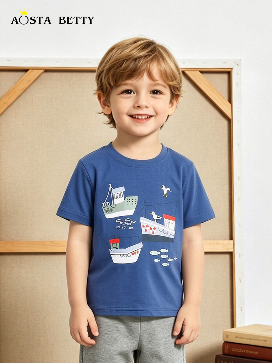 Camiseta de manga corta para niños de estilo europeo y americano verano nuevo estilo estampado de dibujos animados top de bebé moda de algodón de punto camiseta para niños