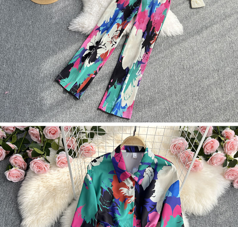 Women's Clothing Fashion suit women's casual loose long sleeved single breasted shirt two piece set high slimming tie dye printed wide leg pants_voghion.com
