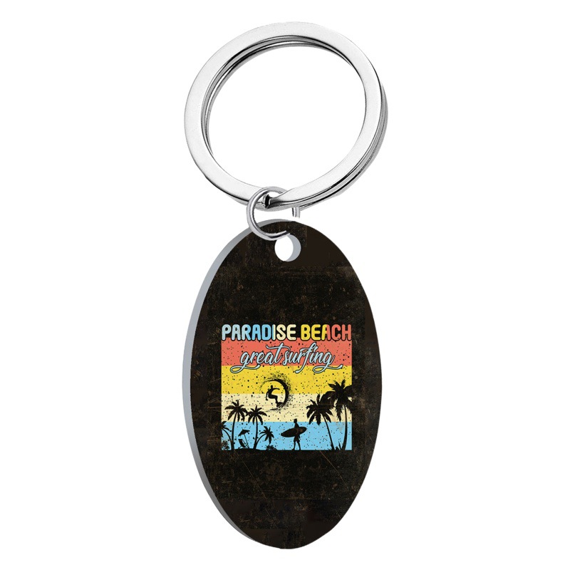 Amazon transfronteriza de acero inoxidable surf vintage teléfono móvil colgante llavero oval letras accesorios imagen impresa al por mayor