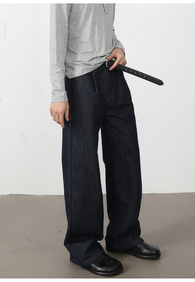 Quần jean nam ống rộng lưng trung, phom suông thoải mái, vải denim phối lụa sợi tổng hợp xếp li nhẹ — Cao bồi xanh, Cao bồi đen, Màu cà phê đậm chi tiết 21